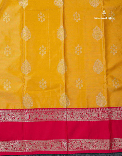 Semi Silk Saree -  Yellow Butta With Vaira Oosi Lines Along With Contrast Redish Pink Traditional Gap Border