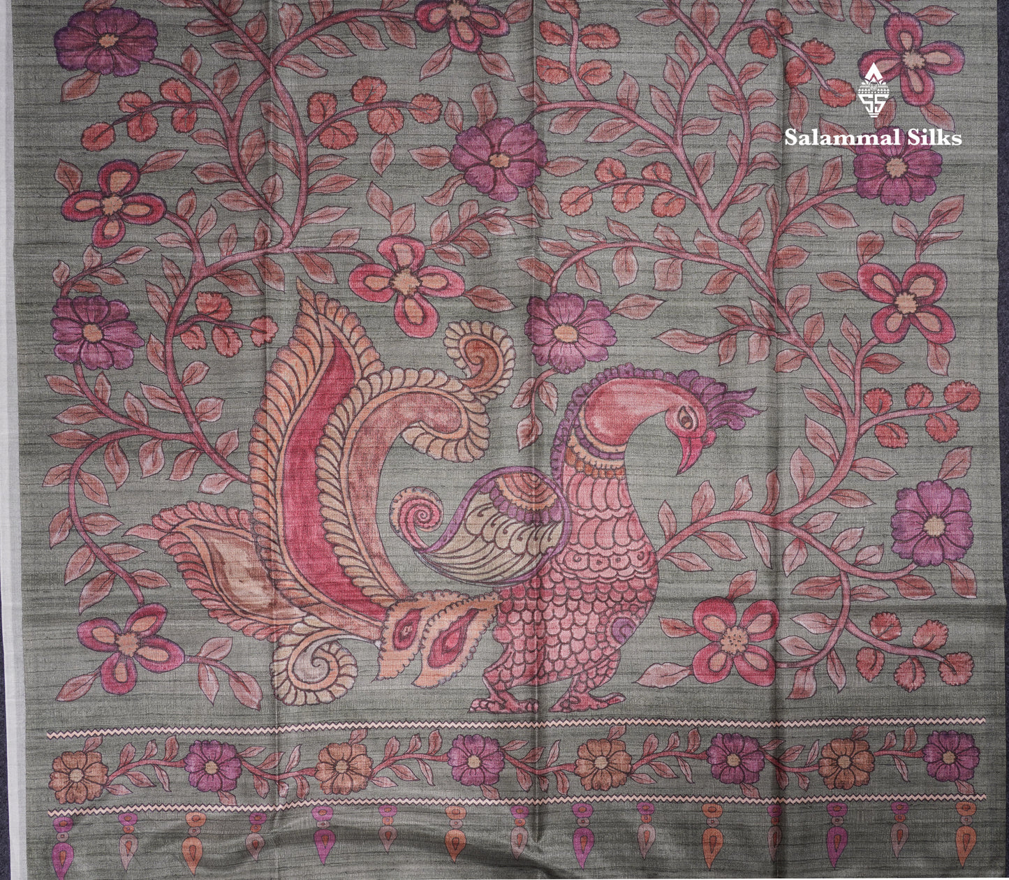 Purple Colour Semi Tussar Ajrah Kalamkari Print Saree With Contrast Pista Green Border