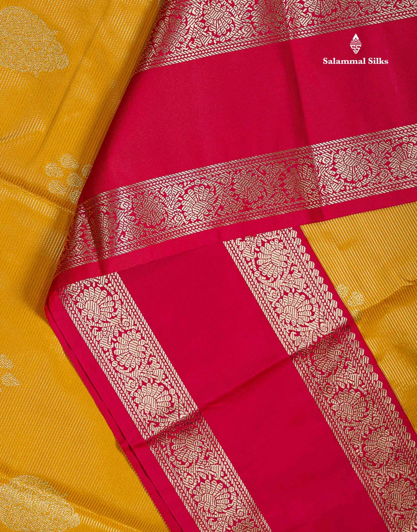 Semi Silk Saree -  Yellow Butta With Vaira Oosi Lines Along With Contrast Redish Pink Traditional Gap Border