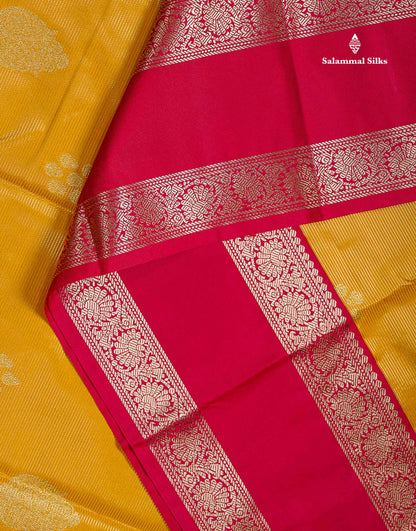 Semi Silk Saree -  Yellow Butta With Vaira Oosi Lines Along With Contrast Redish Pink Traditional Gap Border