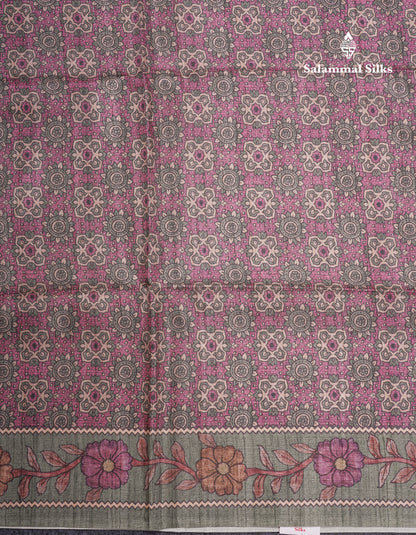 Purple Colour Semi Tussar Ajrah Kalamkari Print Saree With Contrast Pista Green Border