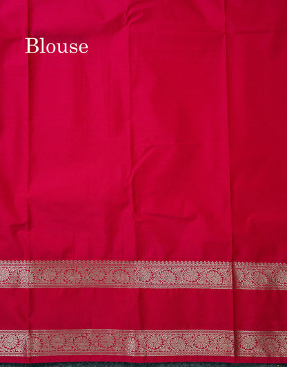 Semi Silk Saree -  Yellow Butta With Vaira Oosi Lines Along With Contrast Redish Pink Traditional Gap Border