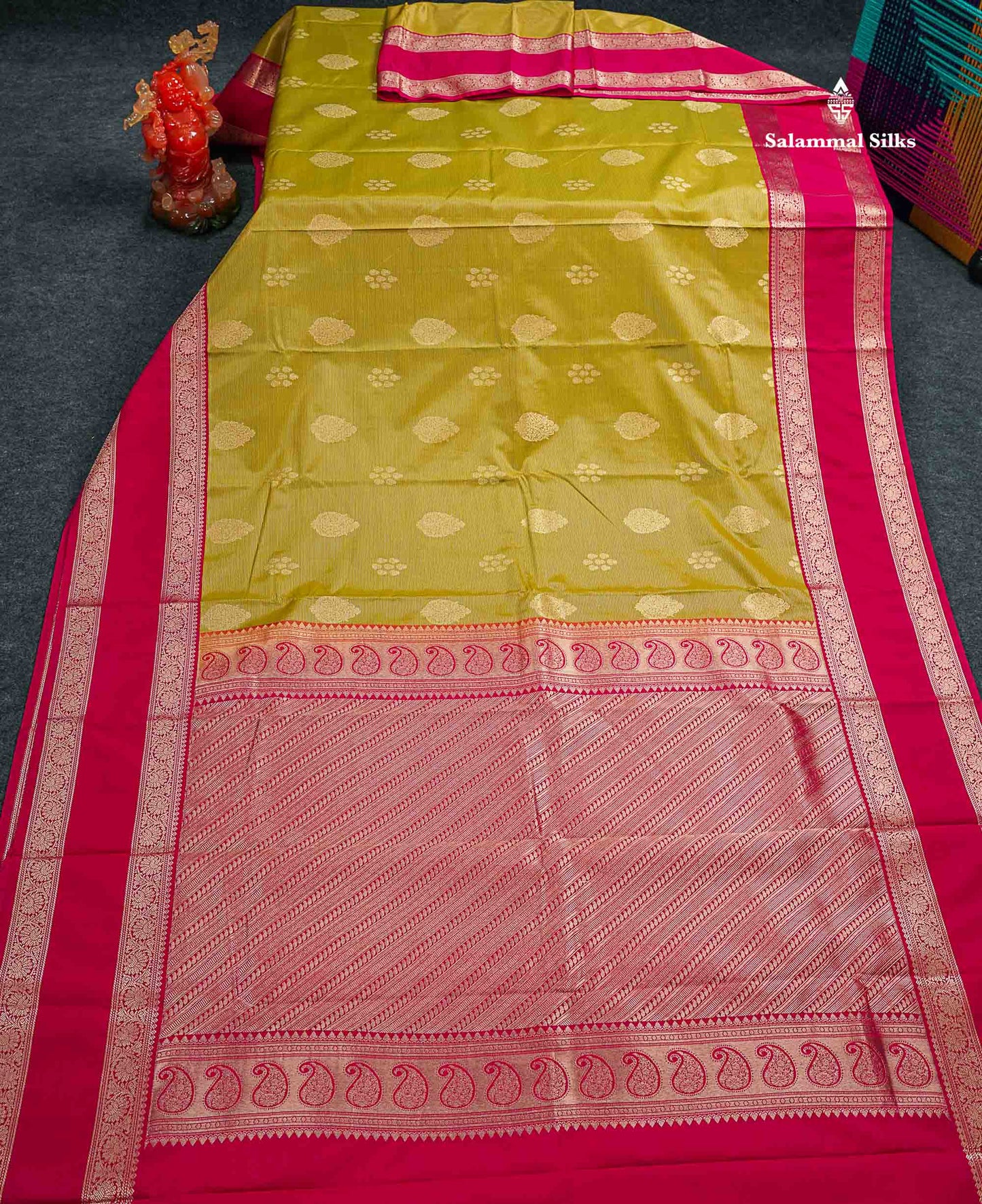 Semi Silk Saree -  Mehandi Green Butta With Vaira Oosi Lines Along With Contrast Redish Pink Traditional Gap Border