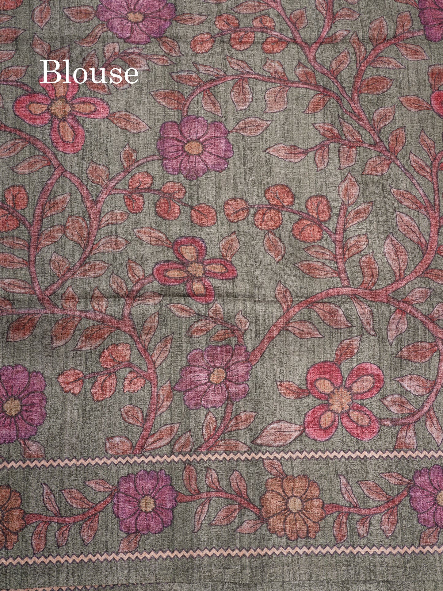 Purple Colour Semi Tussar Ajrah Kalamkari Print Saree With Contrast Pista Green Border
