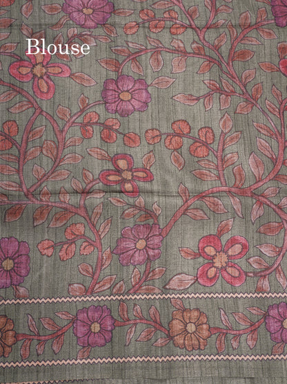 Purple Colour Semi Tussar Ajrah Kalamkari Print Saree With Contrast Pista Green Border