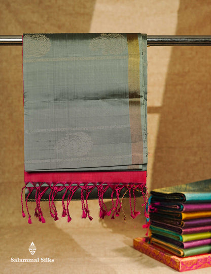 Beautiful Grey PureMix Kanjivaram Soft Silk Saree With Contrast Pink Blouse
