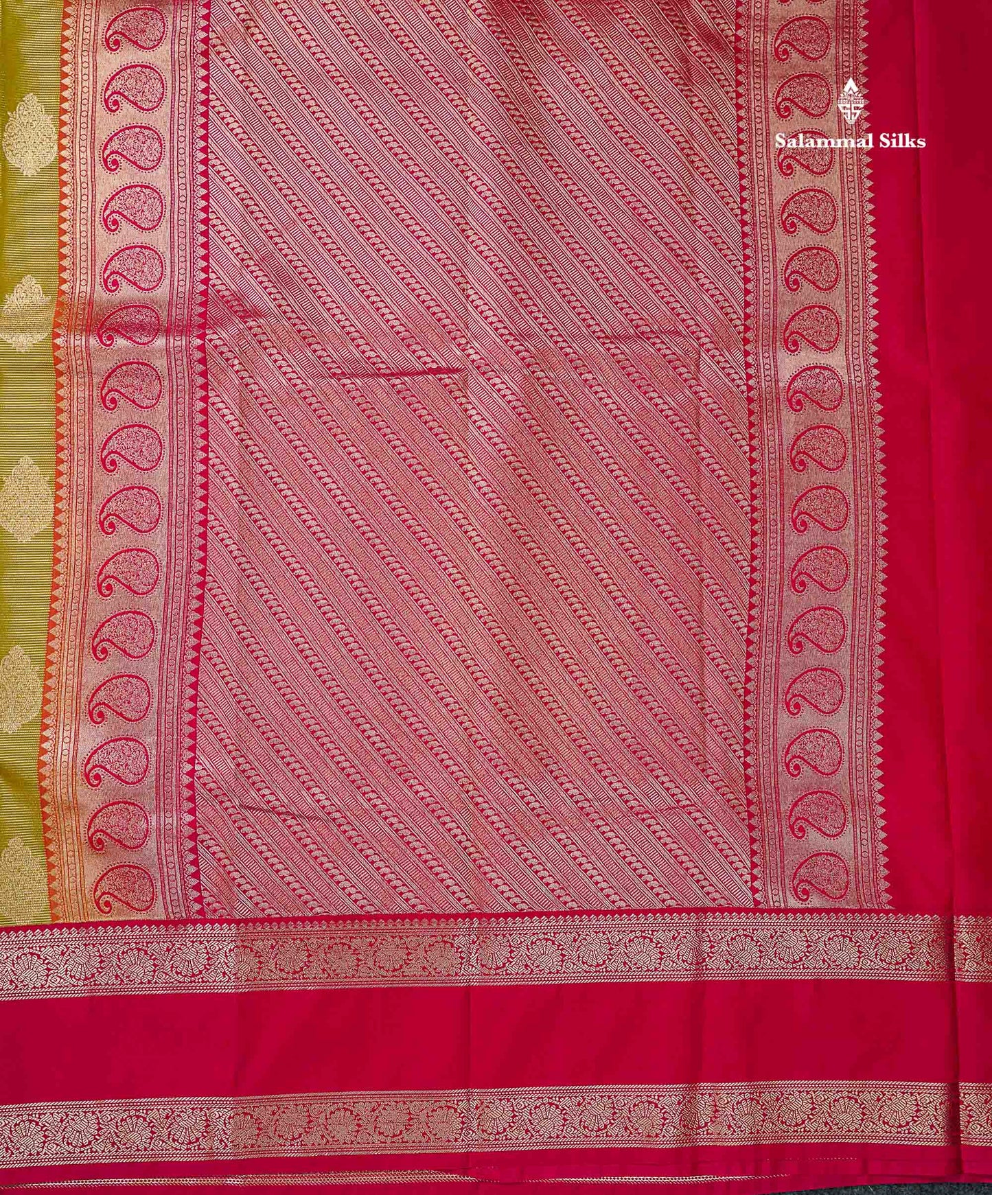 Semi Silk Saree -  Mehandi Green Butta With Vaira Oosi Lines Along With Contrast Redish Pink Traditional Gap Border