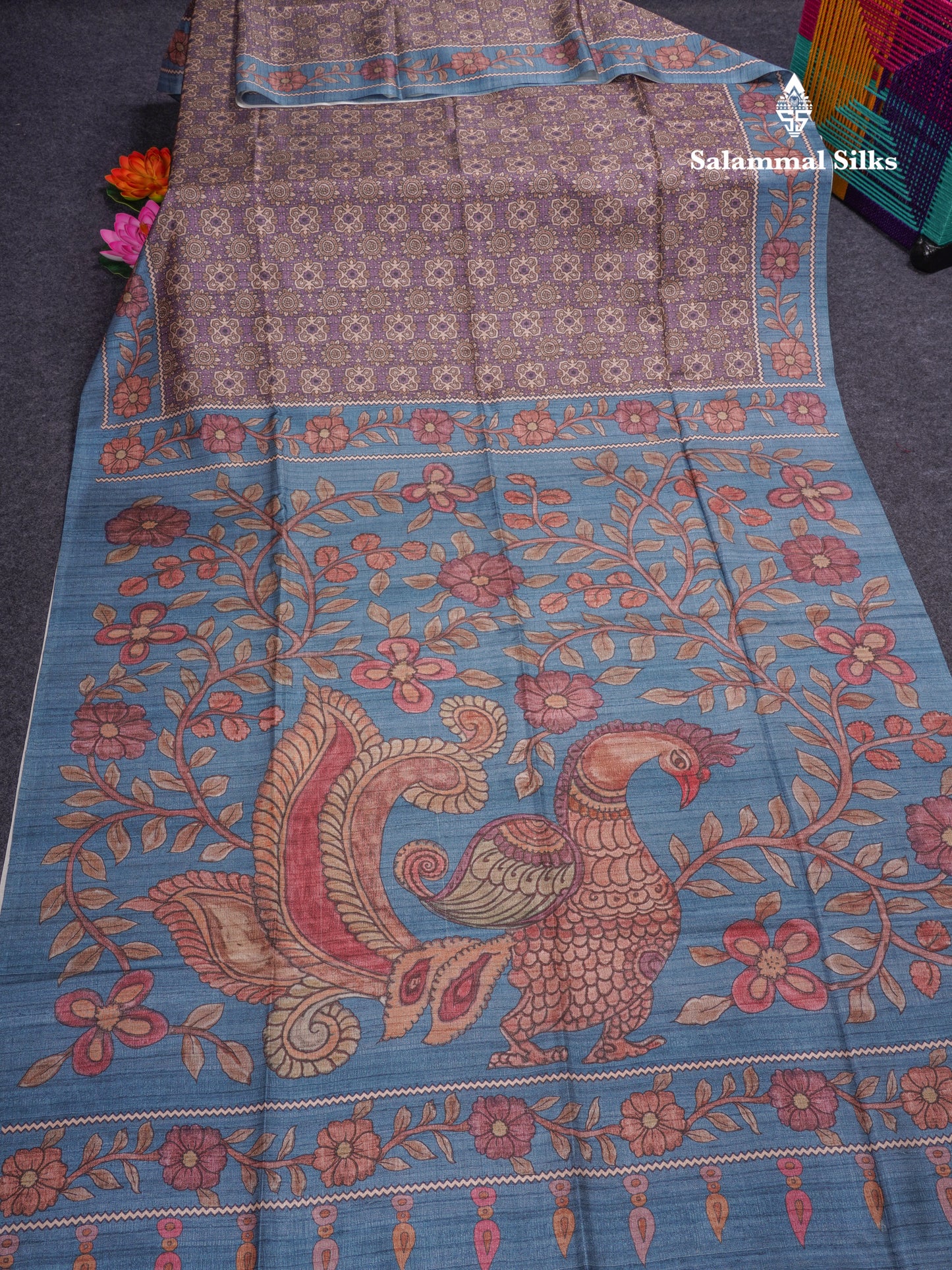 Purple Colour Semi Tussar Ajrah Kalamkari Print Saree With Contrast Pista Green Border