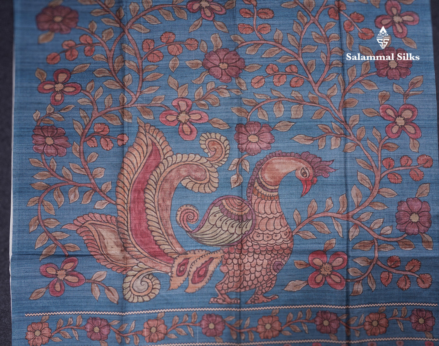 Purple Colour Semi Tussar Ajrah Kalamkari Print Saree With Contrast Pista Green Border