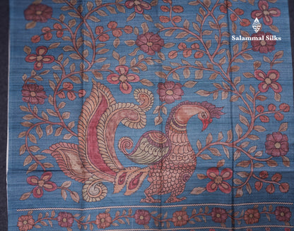 Purple Colour Semi Tussar Ajrah Kalamkari Print Saree With Contrast Pista Green Border