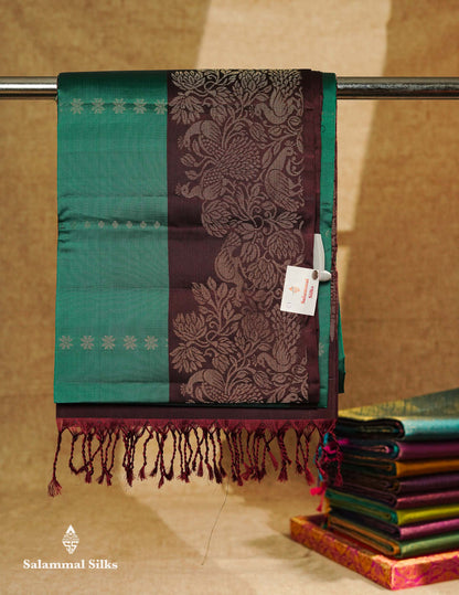 Beautiful Peacock Green PureMix Kanjivaram Soft Silk Saree With Contrast Dark Brown Fancy Border