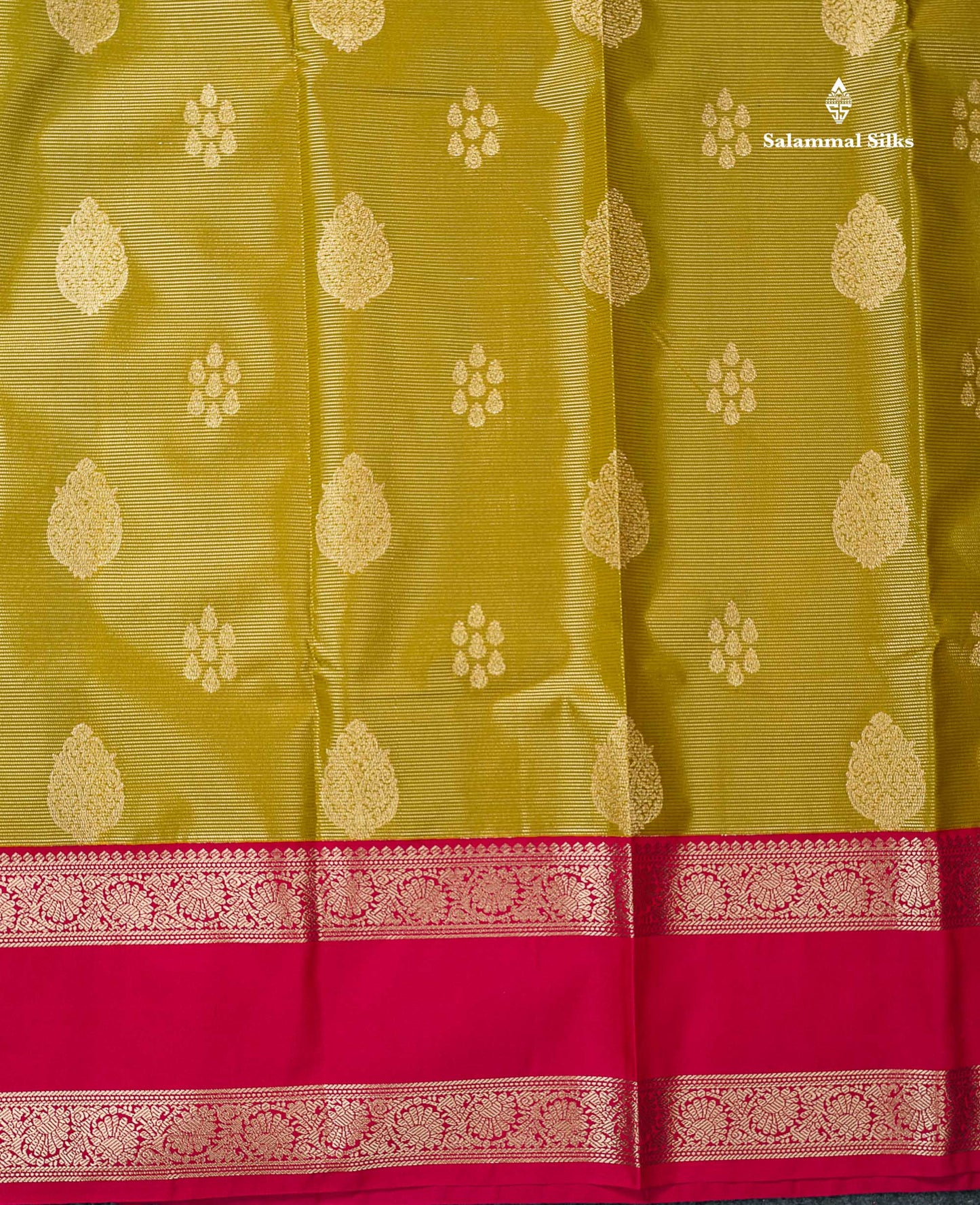 Semi Silk Saree -  Mehandi Green Butta With Vaira Oosi Lines Along With Contrast Redish Pink Traditional Gap Border