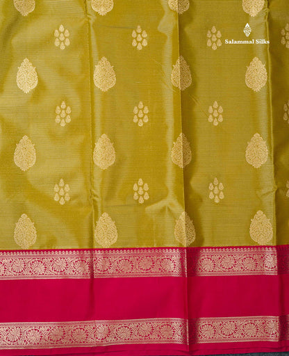 Semi Silk Saree -  Mehandi Green Butta With Vaira Oosi Lines Along With Contrast Redish Pink Traditional Gap Border