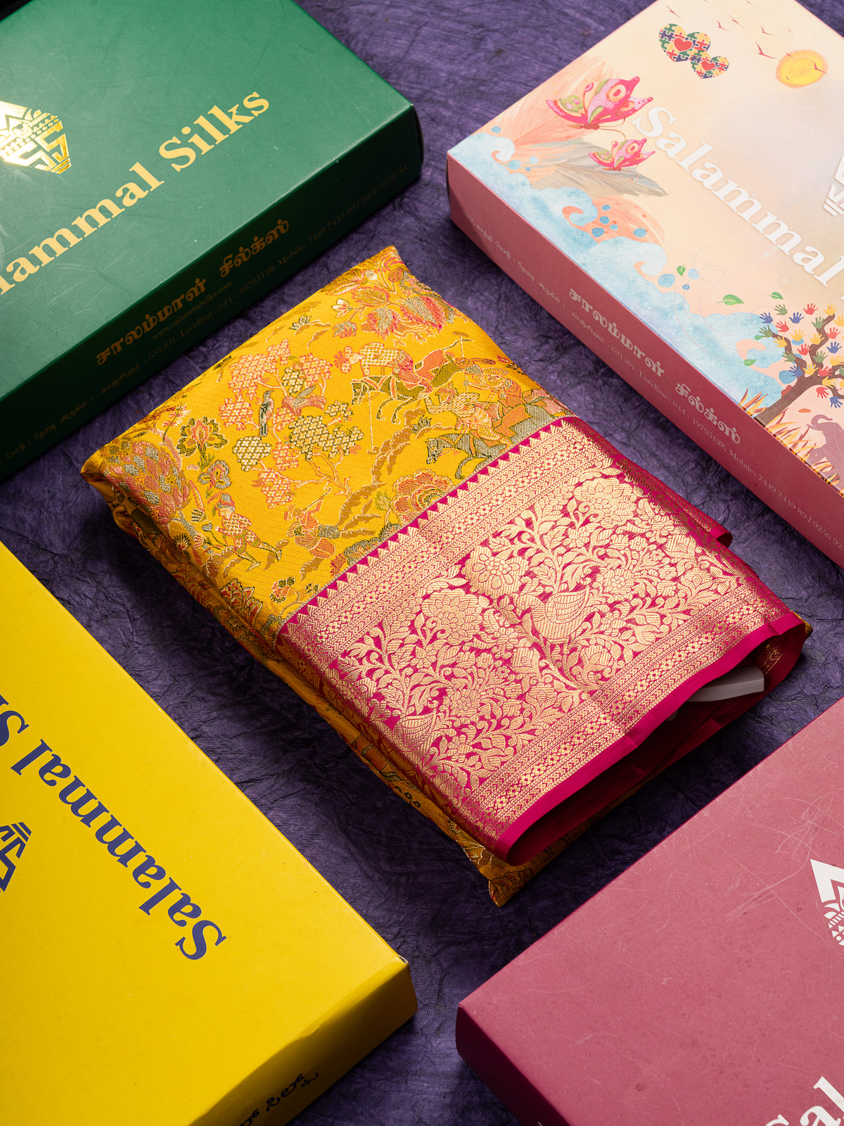 Beautiful Mustard Yellow Menakari Work Theme Based Bridal Pure Kanjivaram Silk Saree With Contrast Pink Traditional Border