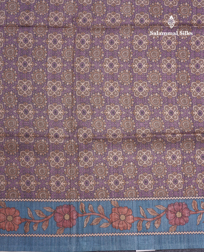 Purple Colour Semi Tussar Ajrah Kalamkari Print Saree With Contrast Pista Green Border