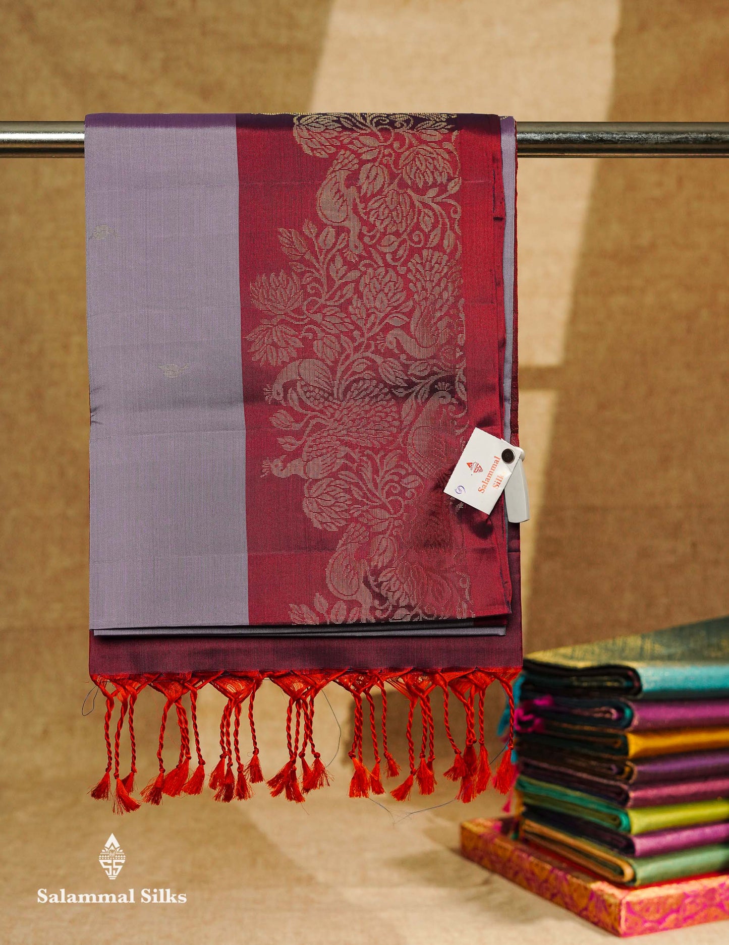 Beautiful Light Lavender PureMix Kanjivaram Soft Silk Saree With Contrast Pinkish Red Fancy Border