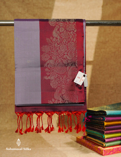 Beautiful Light Lavender PureMix Kanjivaram Soft Silk Saree With Contrast Pinkish Red Fancy Border