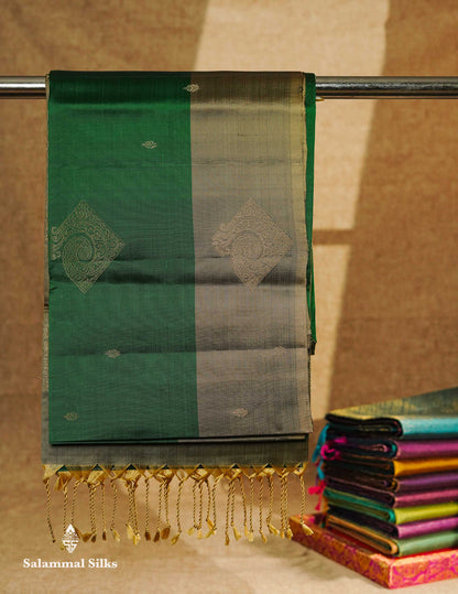 Beautiful Green Pure Mix Kanjivaram Soft Silk Saree With Contrast Grey Fancy Border