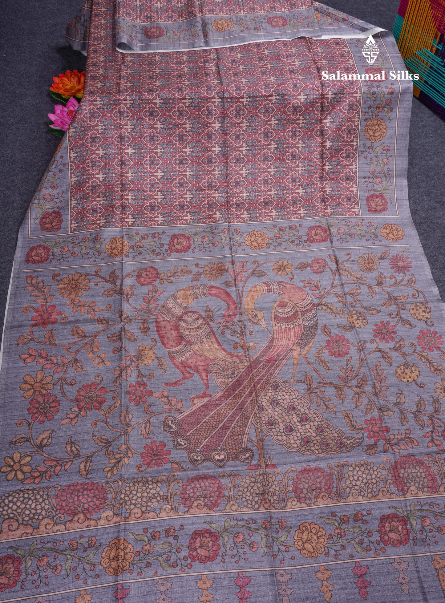 Purple Colour Semi Tussar Ajrah Kalamkari Print Saree With Contrast Pista Green Border