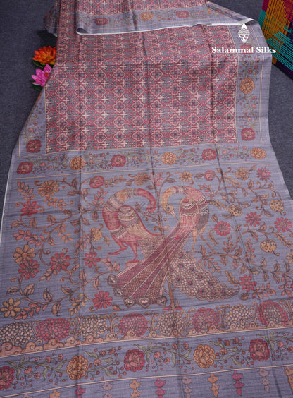 Purple Colour Semi Tussar Ajrah Kalamkari Print Saree With Contrast Pista Green Border