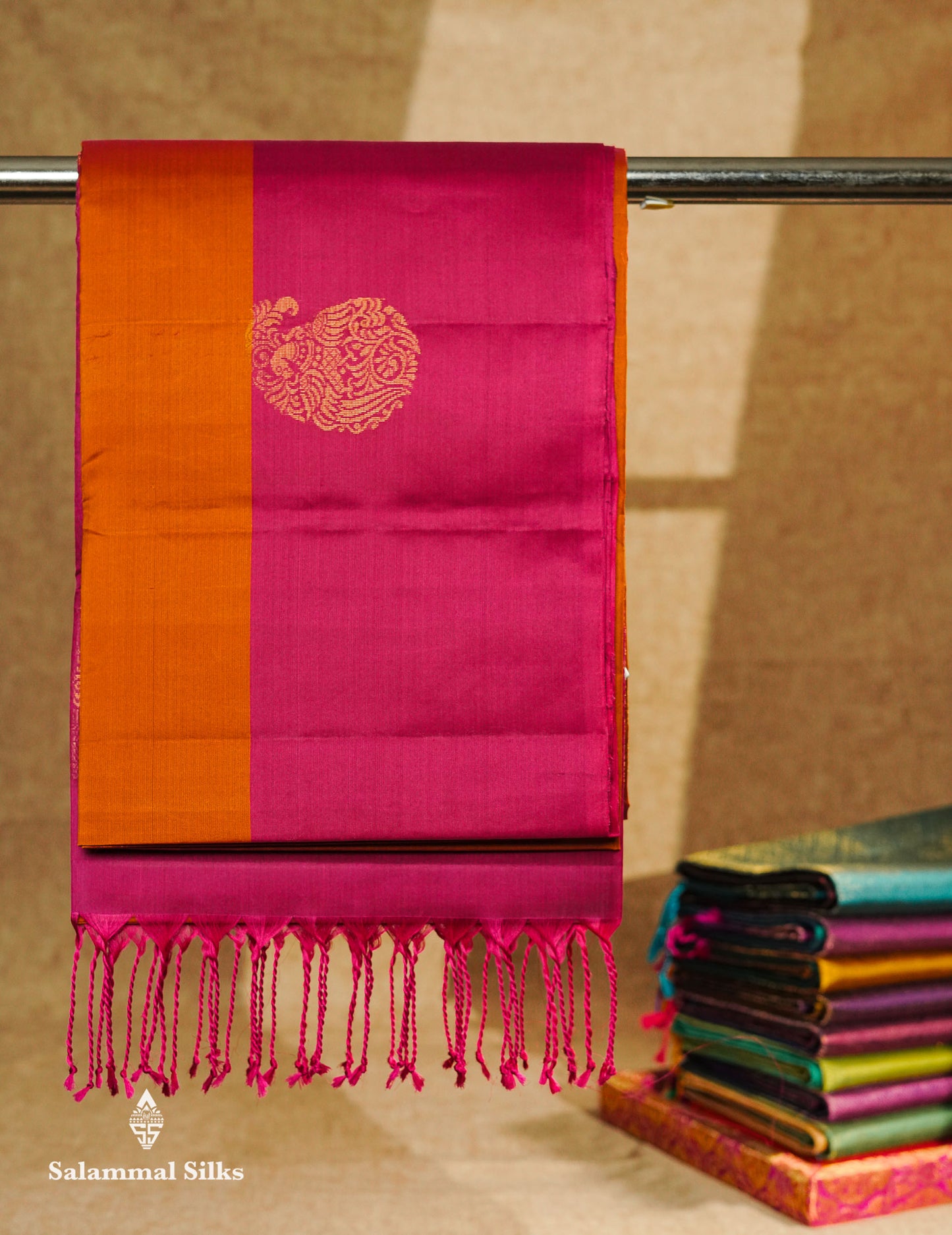 Beautiful Rust Orange Pure Mix Kanjivaram Soft Silk Saree With Contrast Pink Fancy Border