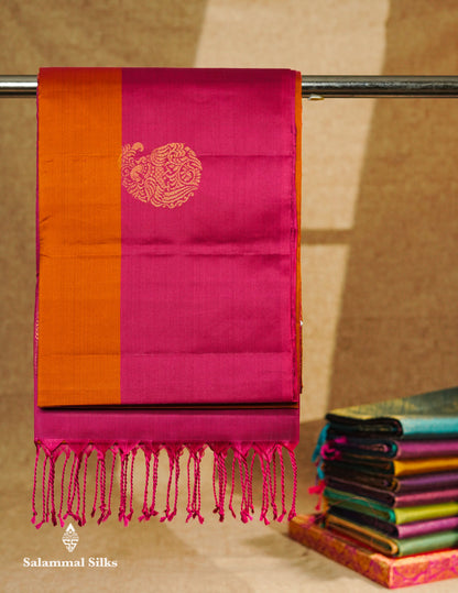 Beautiful Rust Orange Pure Mix Kanjivaram Soft Silk Saree With Contrast Pink Fancy Border