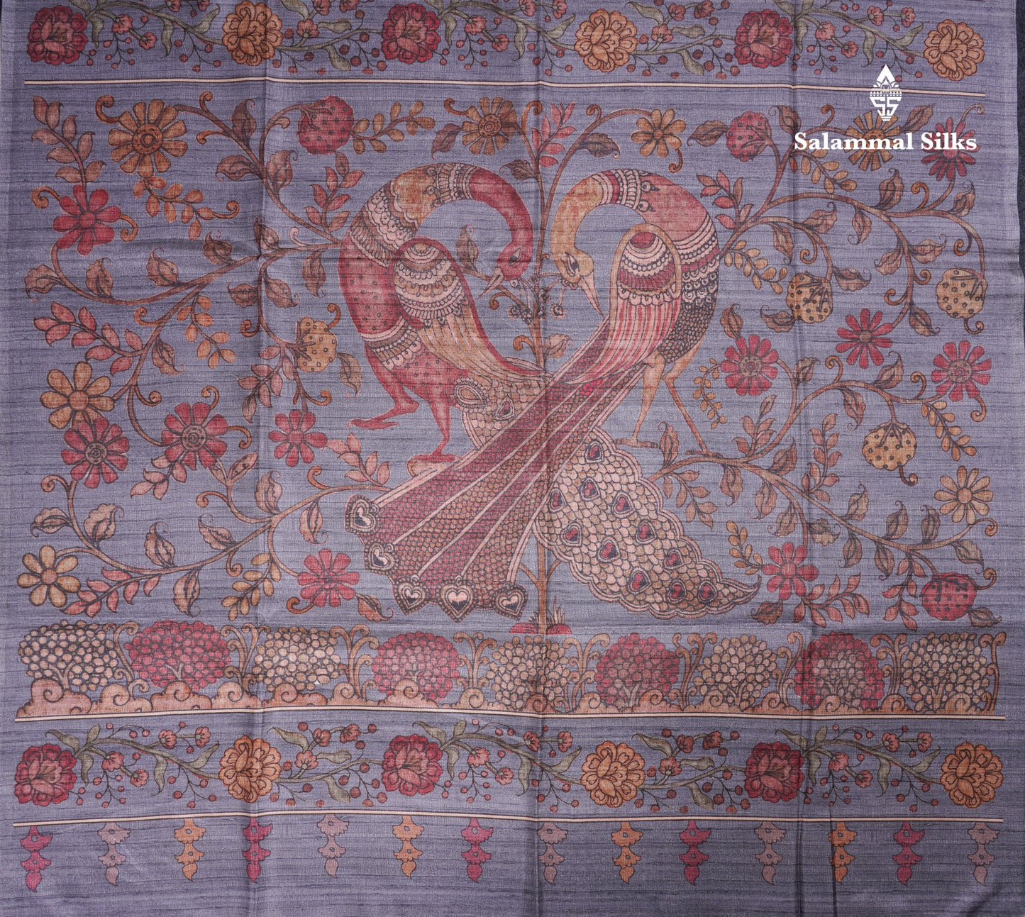 Purple Colour Semi Tussar Ajrah Kalamkari Print Saree With Contrast Pista Green Border