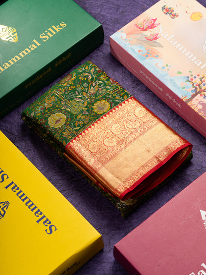 Beautiful Bottle Green Bridal Pure Kanjivaram Silk Saree With Contrast Maroon Traditional Border