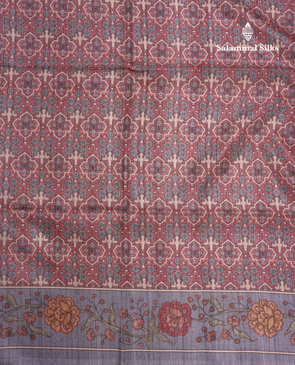 Purple Colour Semi Tussar Ajrah Kalamkari Print Saree With Contrast Pista Green Border