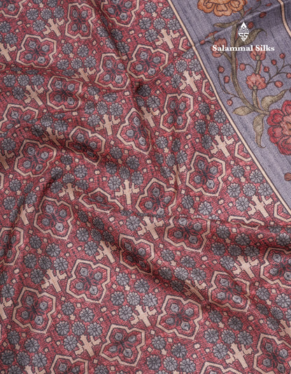 Purple Colour Semi Tussar Ajrah Kalamkari Print Saree With Contrast Pista Green Border