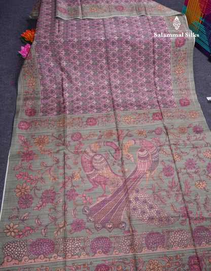 Purple Colour Semi Tussar Ajrah Kalamkari Print Saree With Contrast Pista Green Border