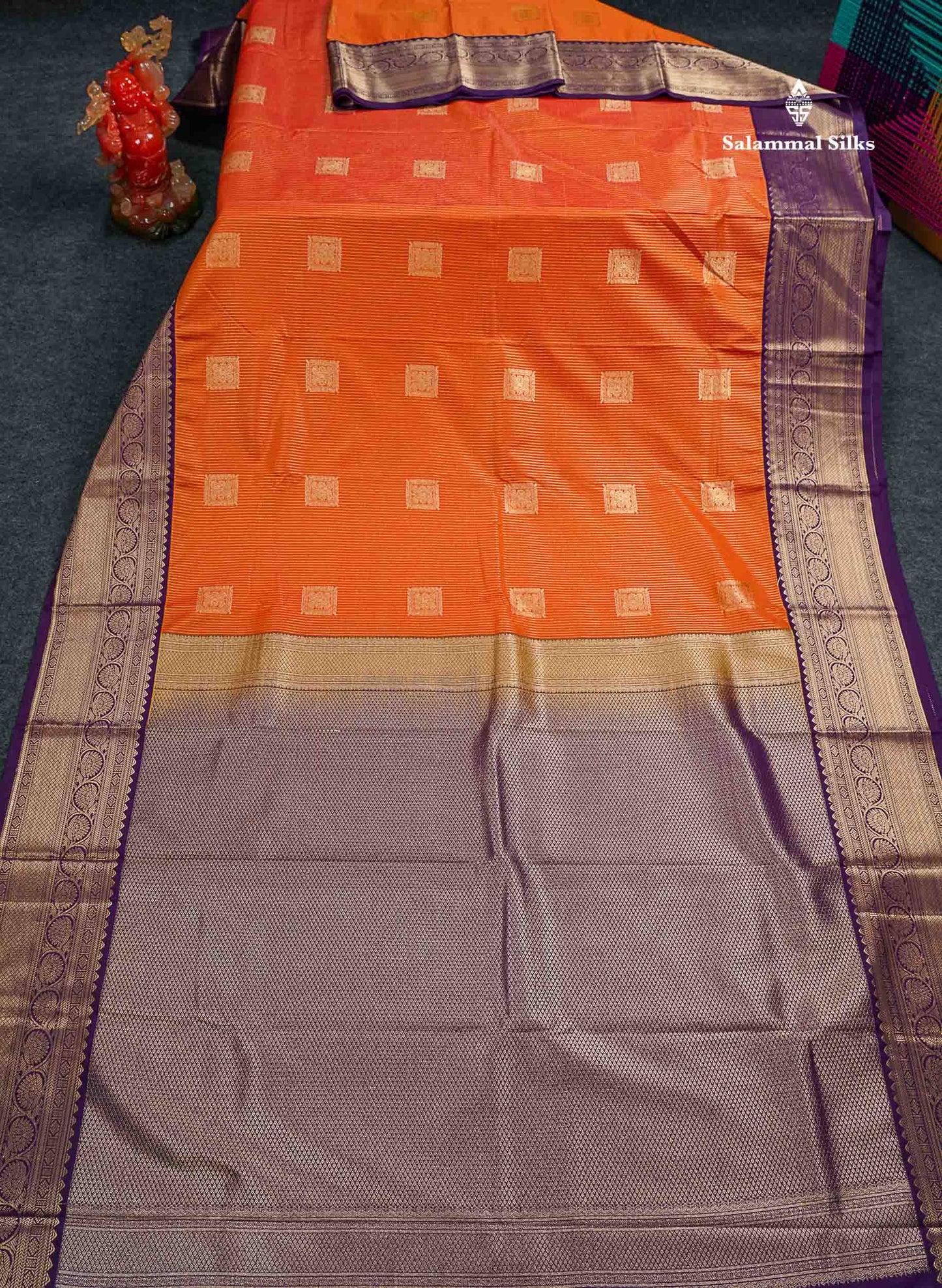 Semi Silk Saree - Orange Butta With Lines Along With Contrast Dark Purple Border