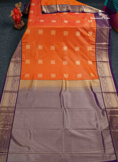 Semi Silk Saree - Orange Butta With Lines Along With Contrast Dark Purple Border