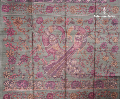 Purple Colour Semi Tussar Ajrah Kalamkari Print Saree With Contrast Pista Green Border