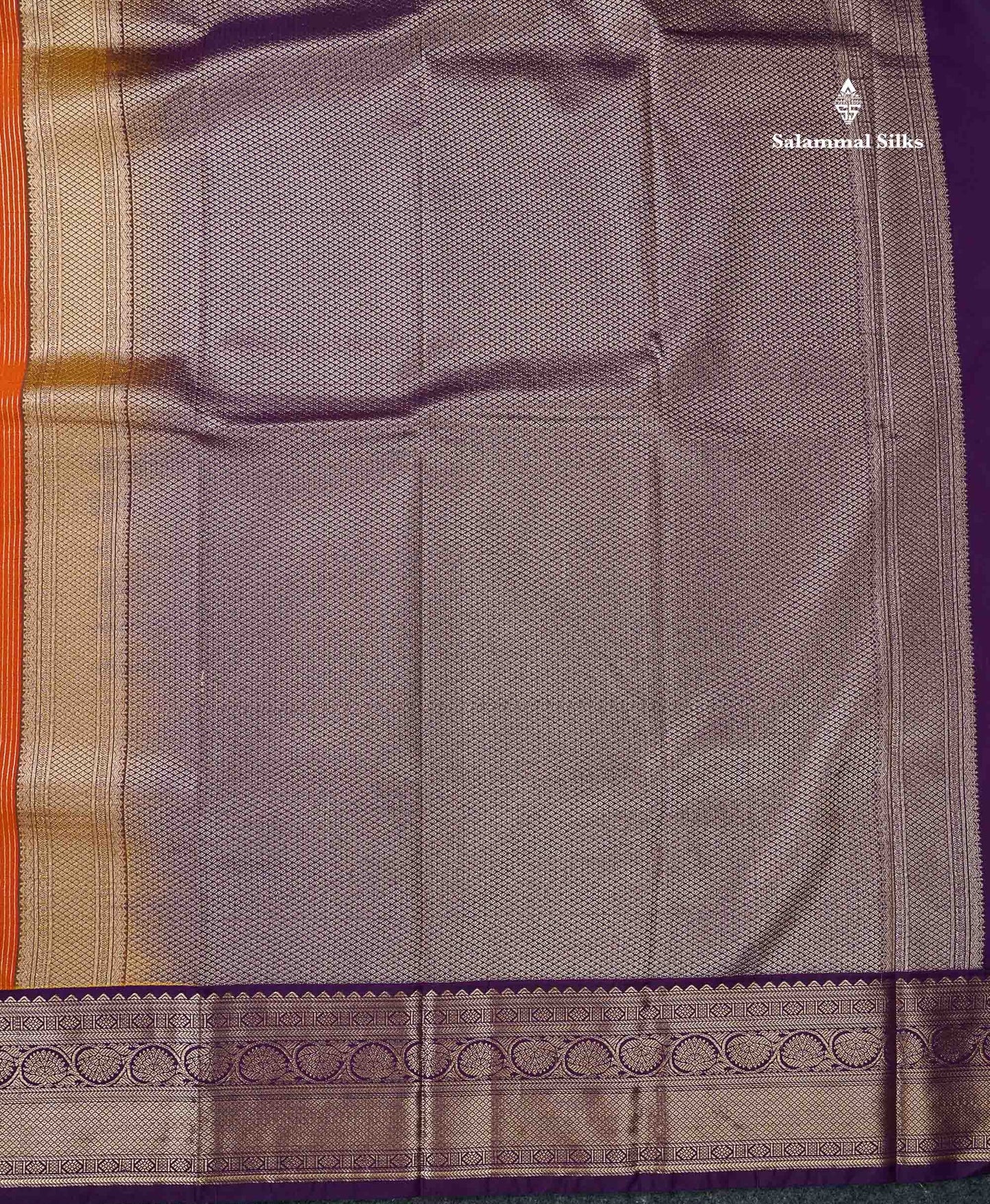 Semi Silk Saree - Orange Butta With Lines Along With Contrast Dark Purple Border
