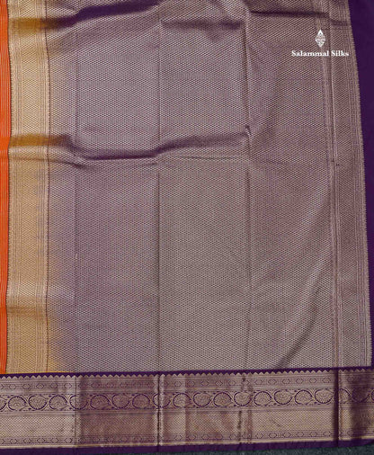 Semi Silk Saree - Orange Butta With Lines Along With Contrast Dark Purple Border