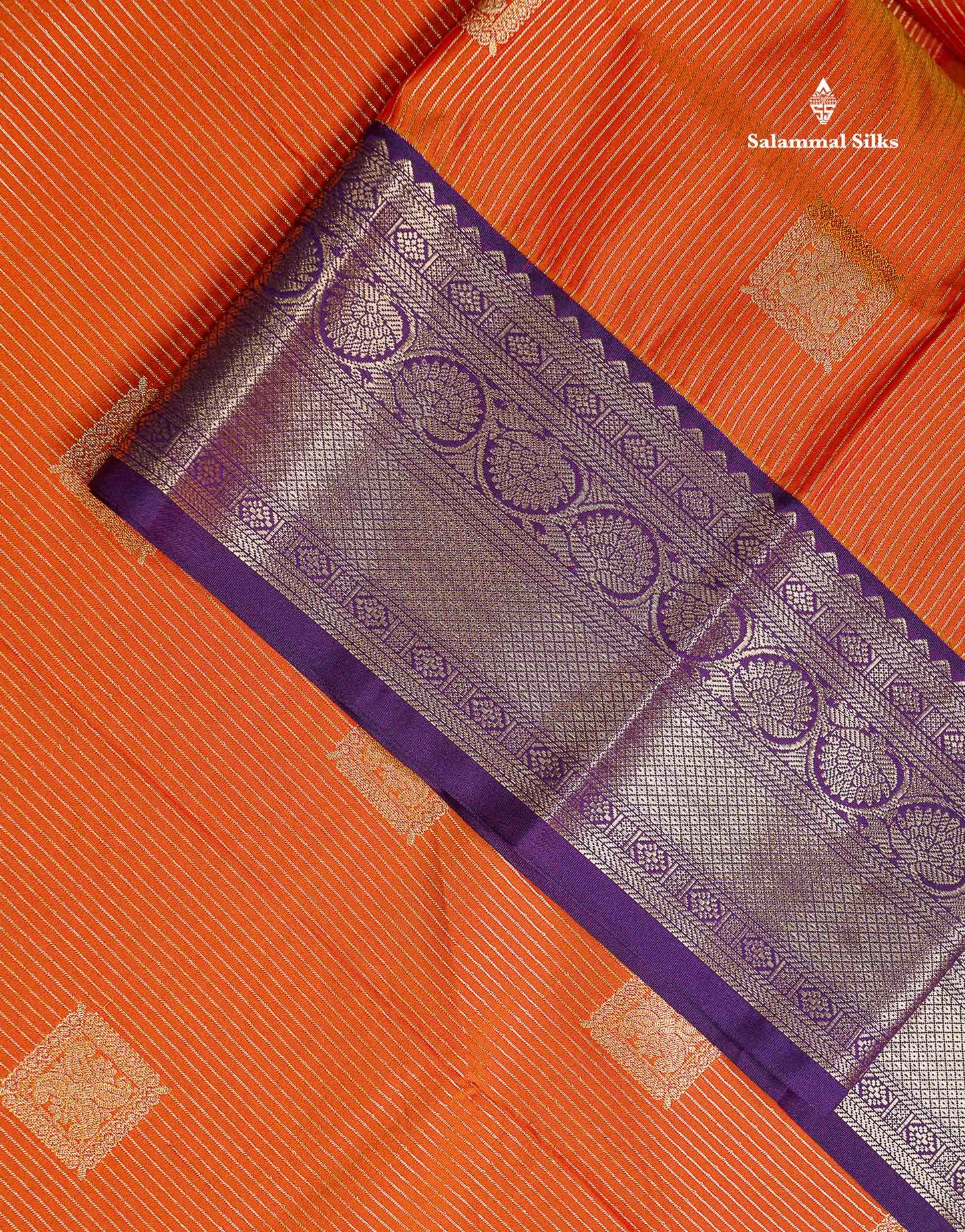 Semi Silk Saree - Orange Butta With Lines Along With Contrast Dark Purple Border