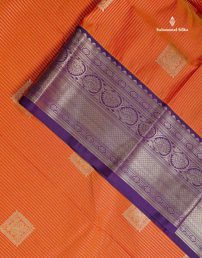 Semi Silk Saree - Orange Butta With Lines Along With Contrast Dark Purple Border