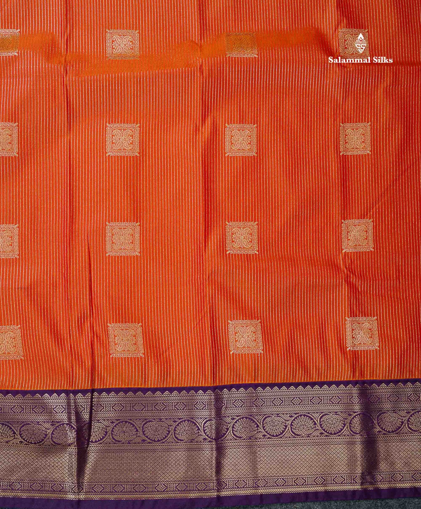 Semi Silk Saree - Orange Butta With Lines Along With Contrast Dark Purple Border