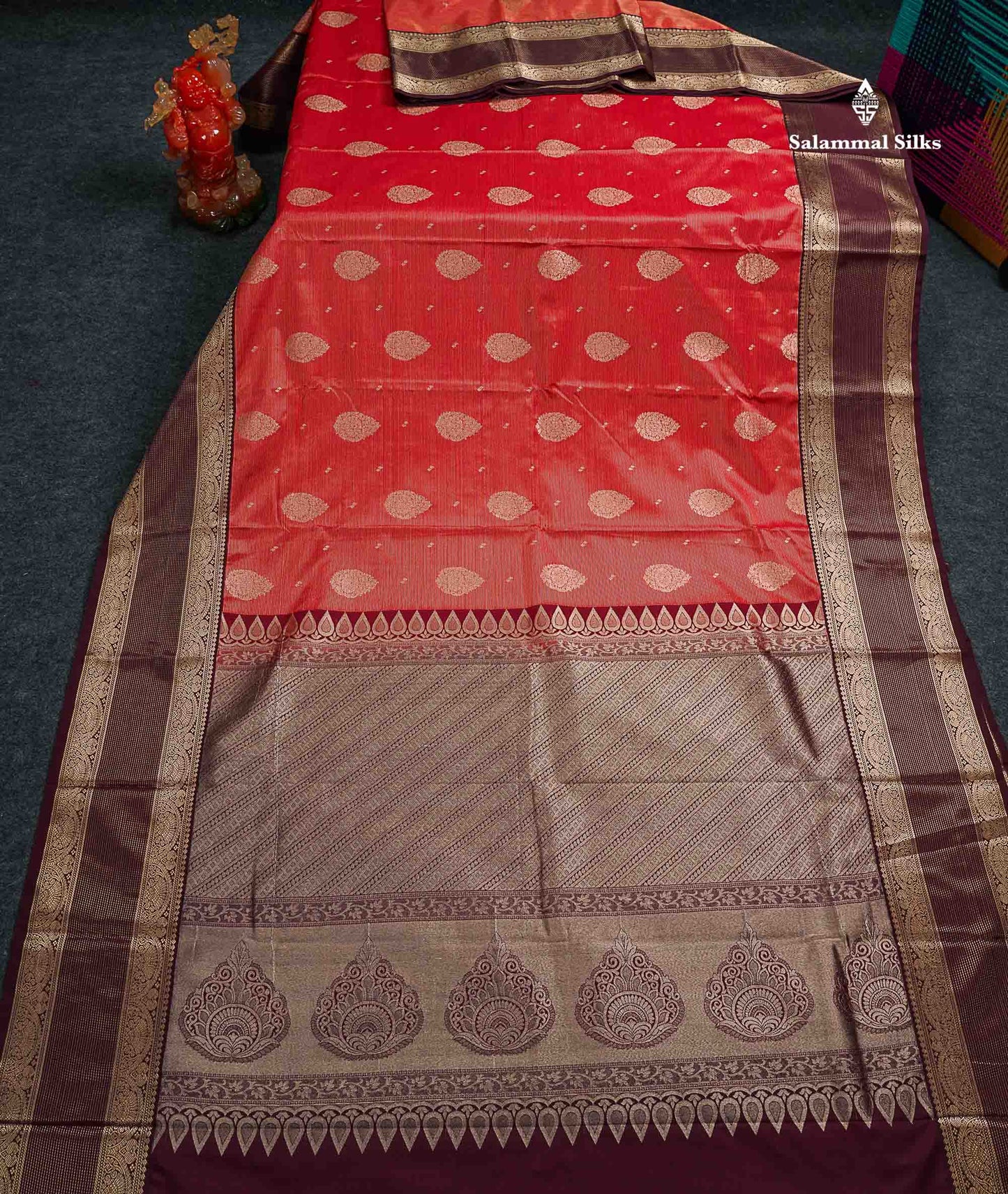 Semi Silk Saree -  Pink Butta With Vaira Oosi Lines Along With Contrast Dark Maroon Traditional Border