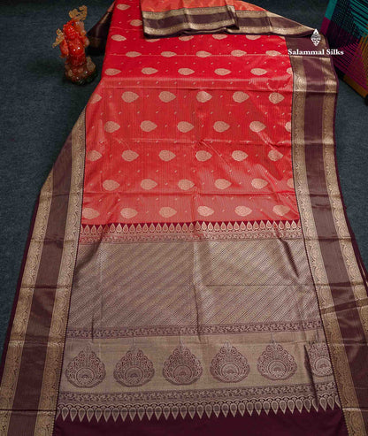 Semi Silk Saree -  Pink Butta With Vaira Oosi Lines Along With Contrast Dark Maroon Traditional Border