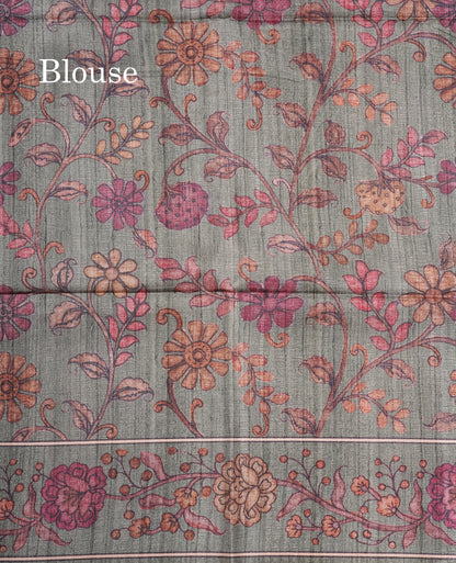 Purple Colour Semi Tussar Ajrah Kalamkari Print Saree With Contrast Pista Green Border