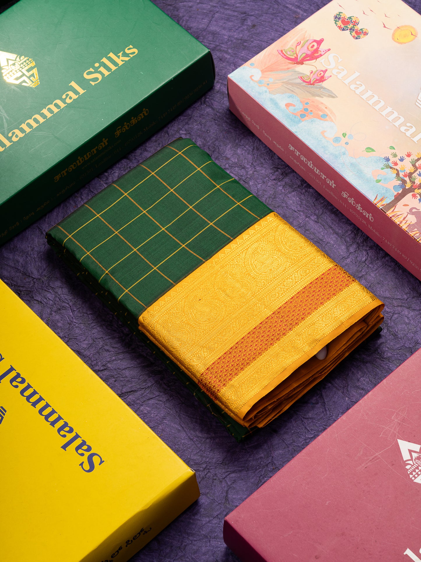 Beautiful Bottle Green Checks Pure Kanjivaram Silk Saree With Contrast Mustard Yellow Traditional Border