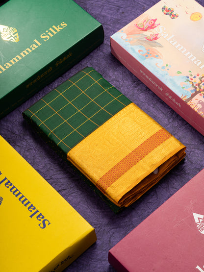 Beautiful Bottle Green Checks Pure Kanjivaram Silk Saree With Contrast Mustard Yellow Traditional Border