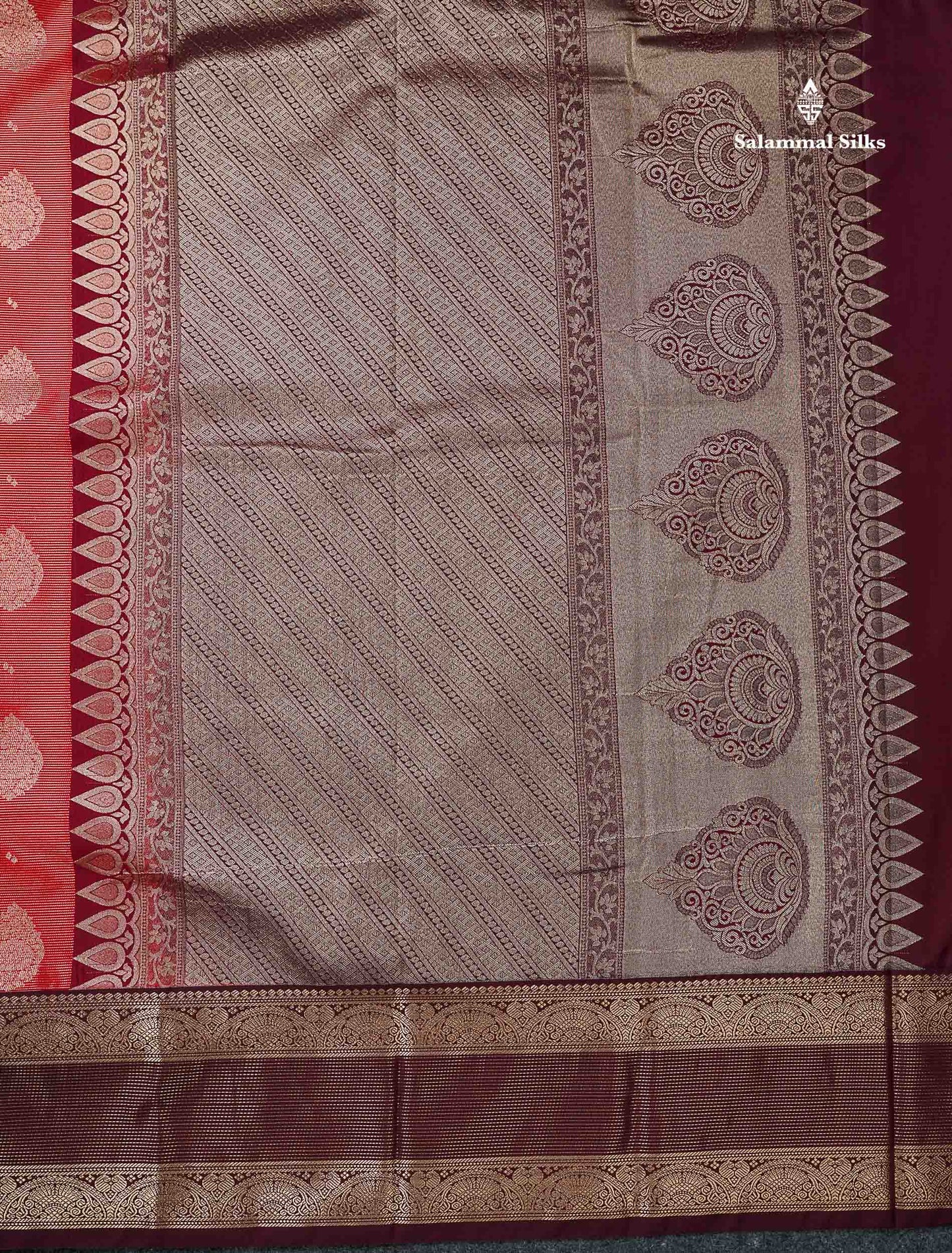 Semi Silk Saree -  Pink Butta With Vaira Oosi Lines Along With Contrast Dark Maroon Traditional Border