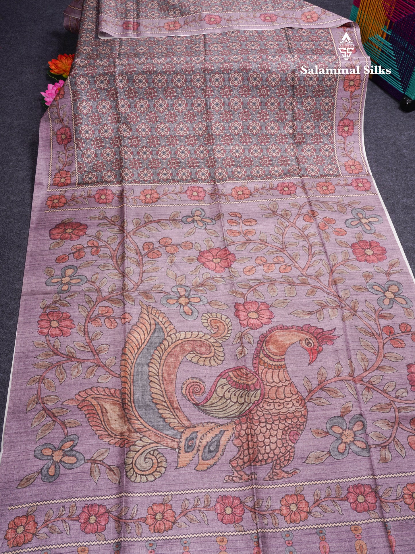 Purple Colour Semi Tussar Ajrah Kalamkari Print Saree With Contrast Pista Green Border