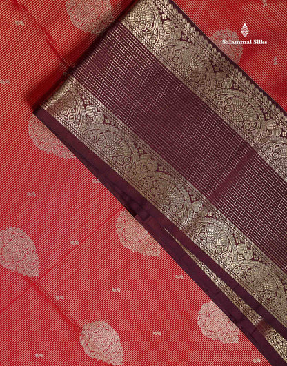 Semi Silk Saree -  Pink Butta With Vaira Oosi Lines Along With Contrast Dark Maroon Traditional Border