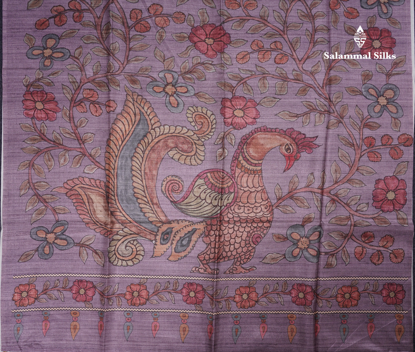 Purple Colour Semi Tussar Ajrah Kalamkari Print Saree With Contrast Pista Green Border