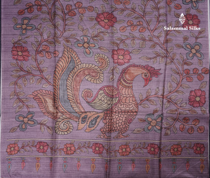 Purple Colour Semi Tussar Ajrah Kalamkari Print Saree With Contrast Pista Green Border