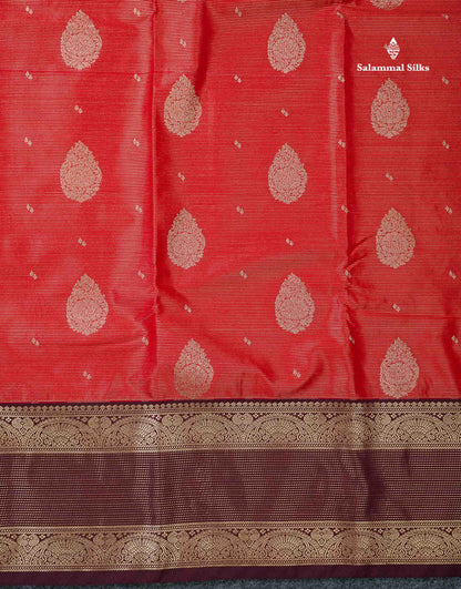 Semi Silk Saree -  Pink Butta With Vaira Oosi Lines Along With Contrast Dark Maroon Traditional Border